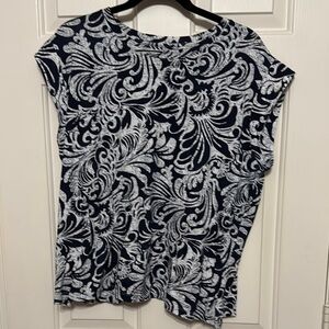 Chico's Blue and White Boxy Cap Sleeve Blouse